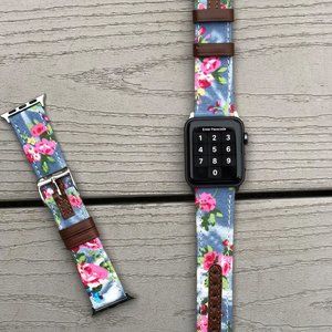 Leather Apple Watch Band Luxury Designer Flower Denim 38mm 40mm 42mm 44mm Silver